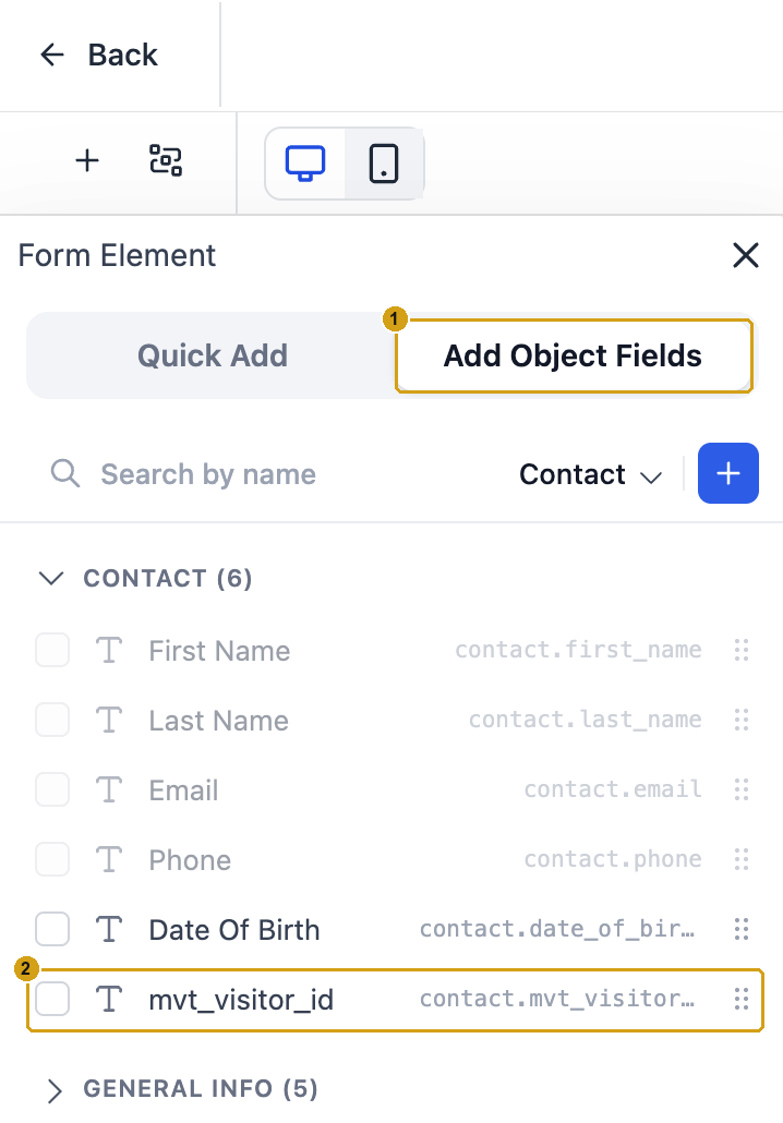 Form builder Add Object Fields tab with the mvt_visitor_id contact field marked