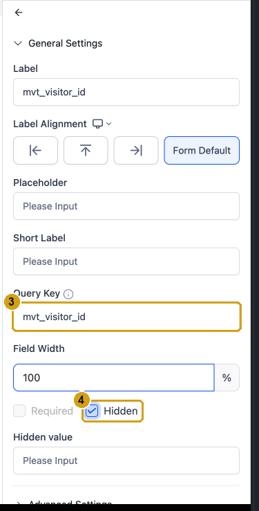 Field settings with Query Key set to mvt_visitor_id and Hidden ticked