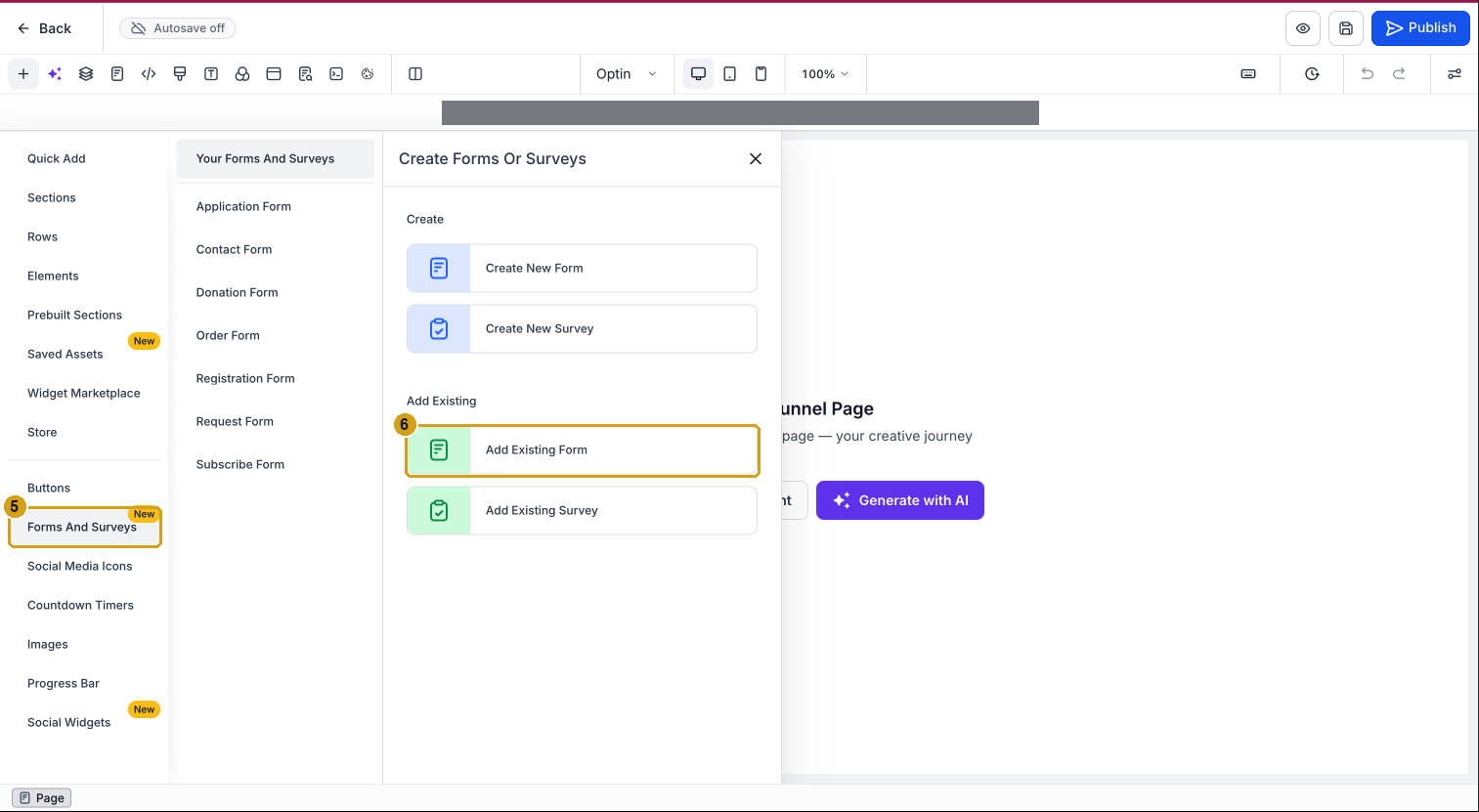 Page builder Forms And Surveys menu with Add Existing Form marked