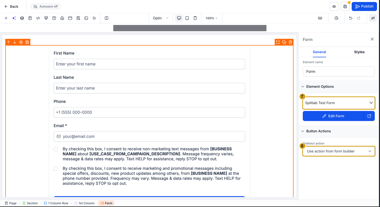 Form element settings with the form picker and Redirect action marked