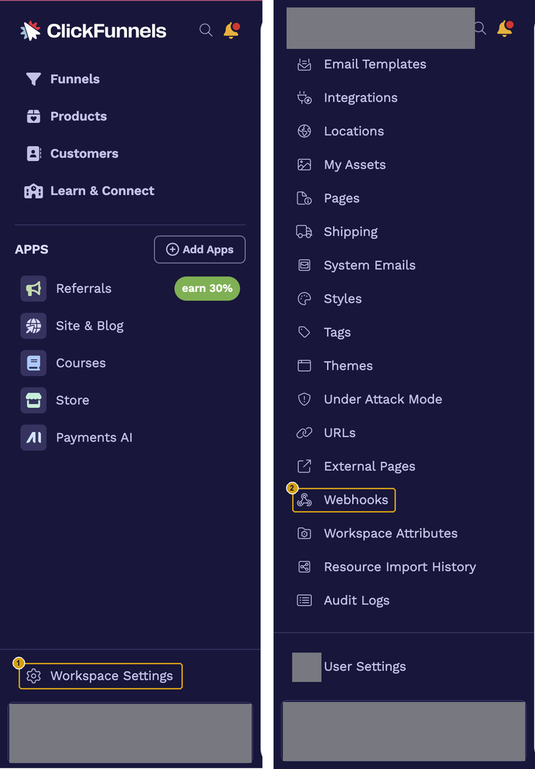 ClickFunnels sidebar with Workspace Settings marked, and the settings menu with Webhooks marked