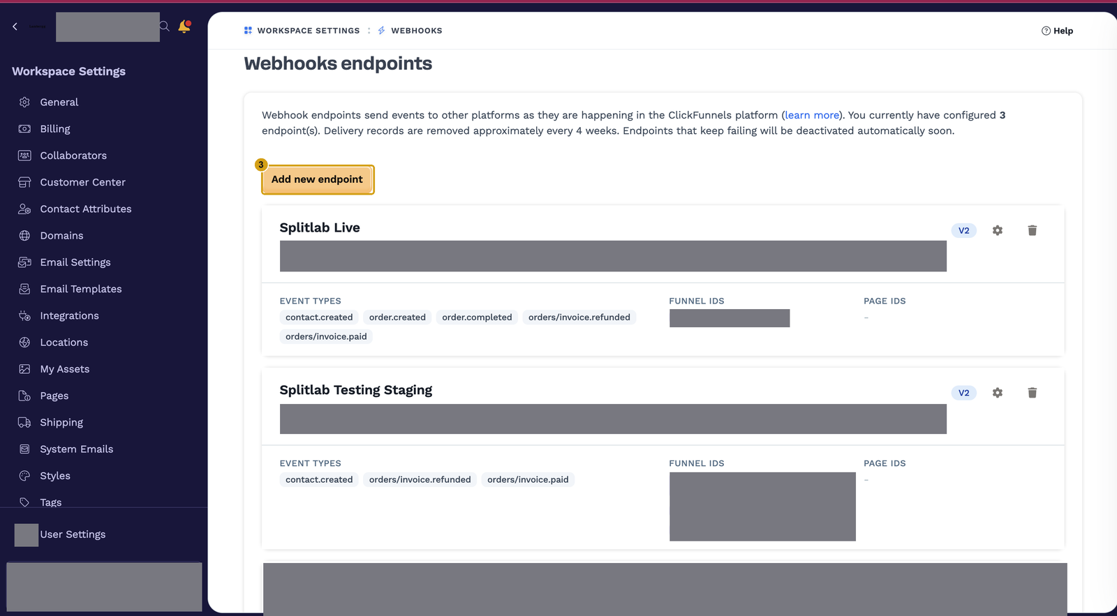 Webhooks endpoints page with Add new endpoint marked