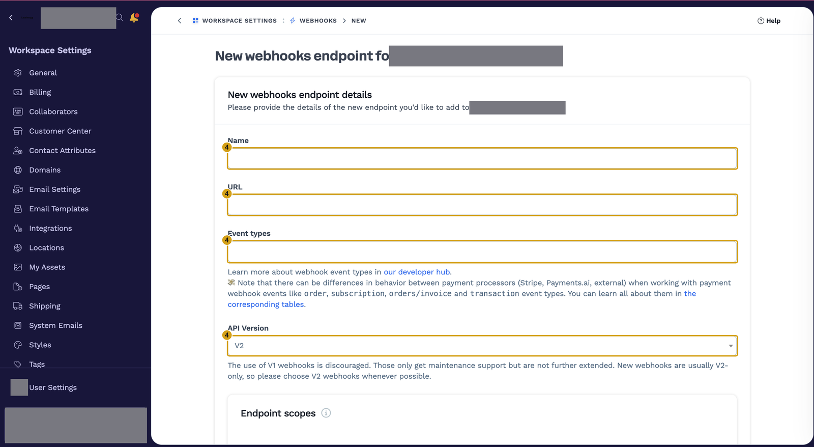 New webhooks endpoint form with Name, URL, Event types and API Version marked