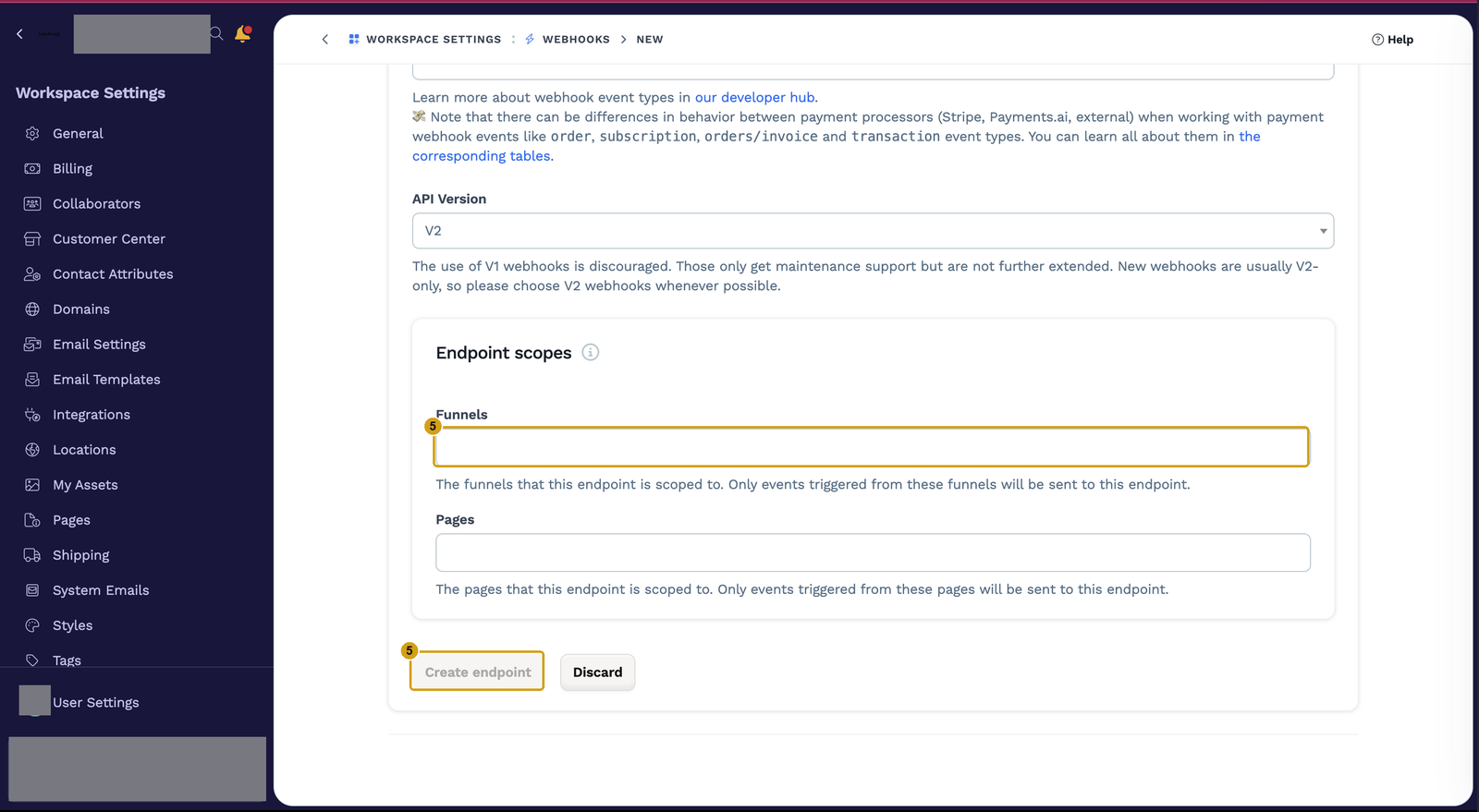 Endpoint scopes with the Funnels field and Create endpoint marked