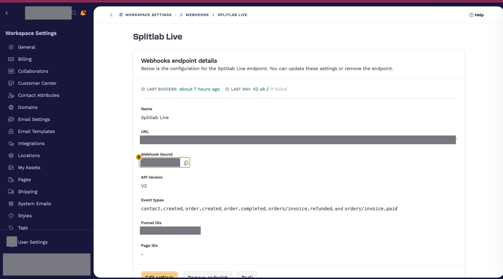 Webhook endpoint details with the Webhook Secret copy button marked