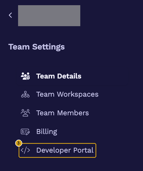 Team Settings menu with Developer Portal marked