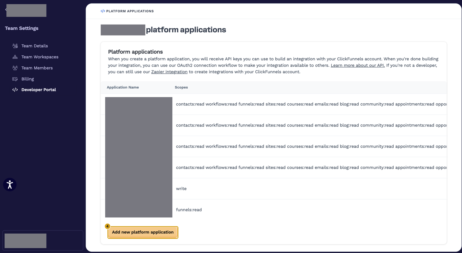 Platform applications list with Add new platform application marked