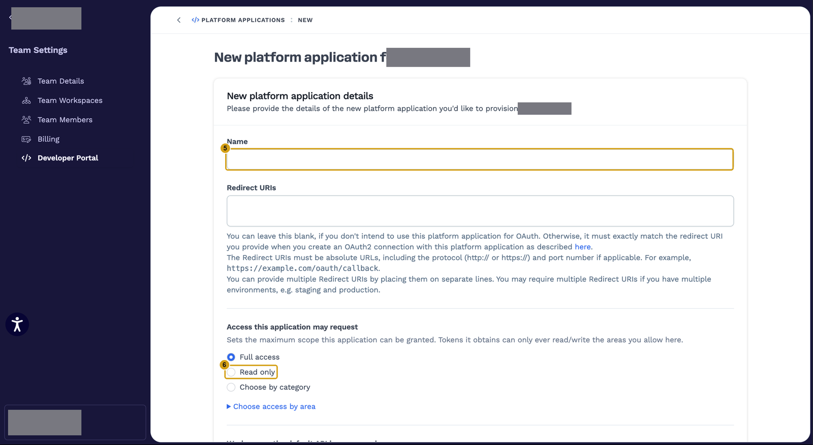 New platform application form with Name and Read only marked