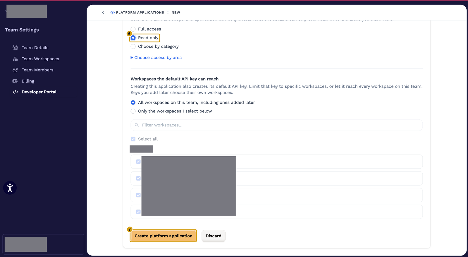 Read only selected and the Create platform application button marked