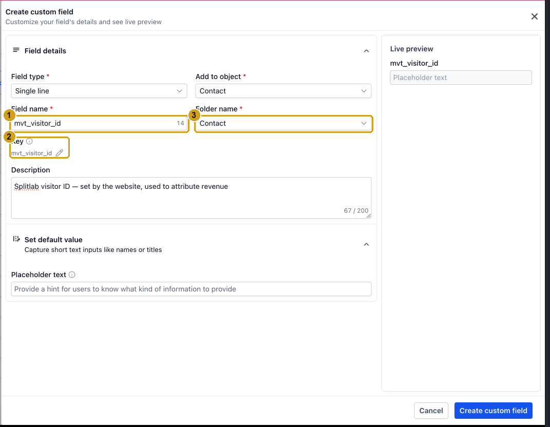 Create custom field form with field name, key and folder marked