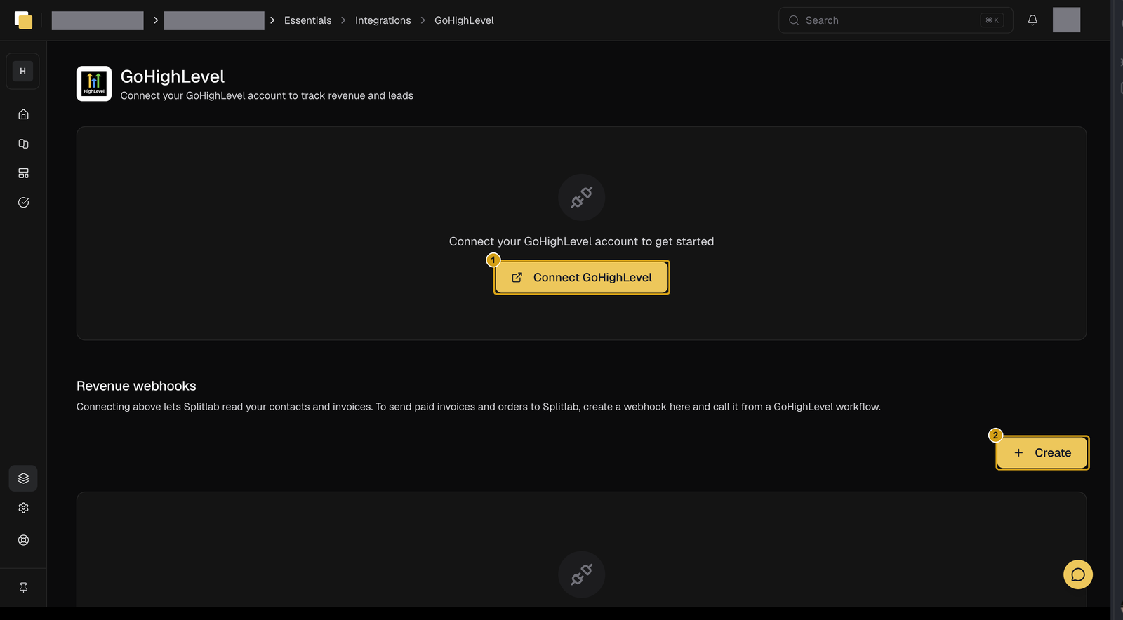 Splitlab GoHighLevel page with Connect GoHighLevel and Create marked