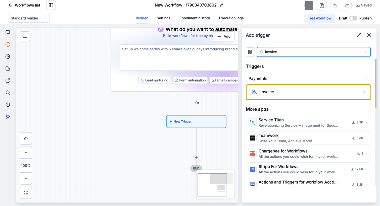 Trigger search with the Invoice trigger highlighted