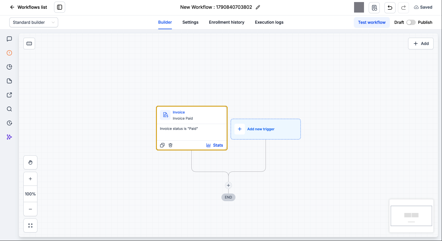 Workflow showing the Invoice trigger filtered to status Paid