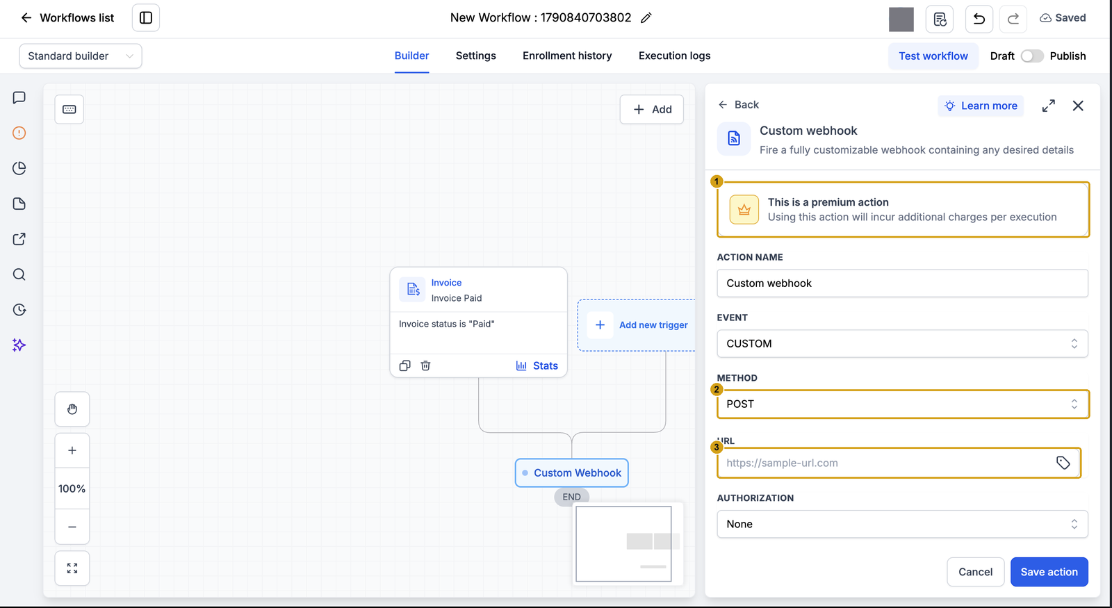 Custom Webhook action with the premium notice, method and URL marked