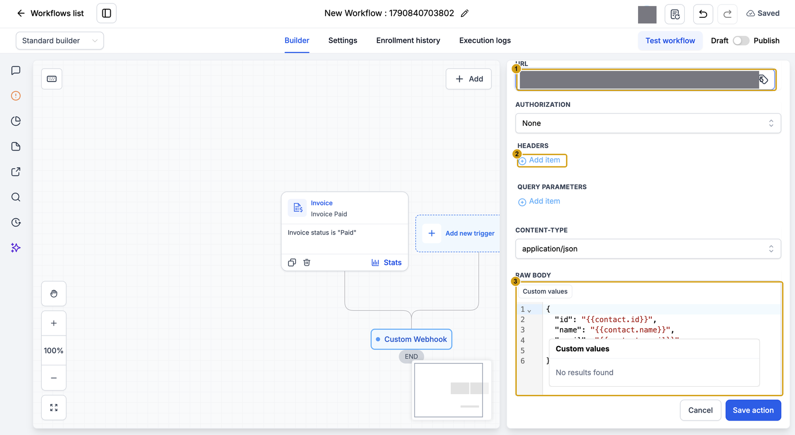 Custom Webhook URL, headers and raw body marked