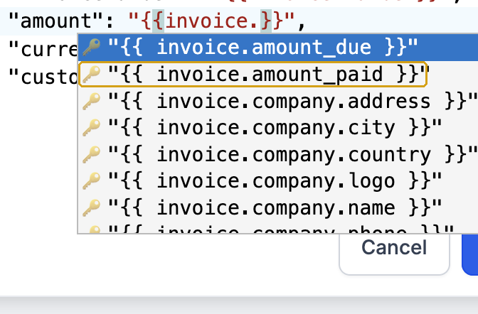 Merge-field suggestions with invoice.amount_paid highlighted
