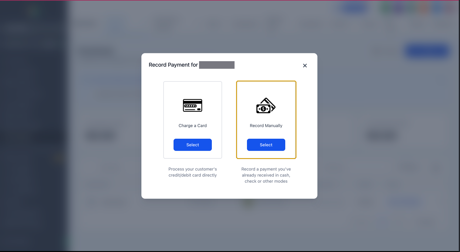 Record Payment dialog with Record Manually highlighted